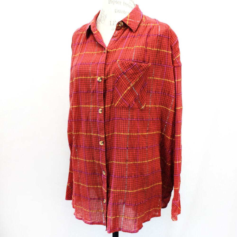 Free People Red Plaid Long Sleeve Cotton Button Shirt Casual Christmas Medium